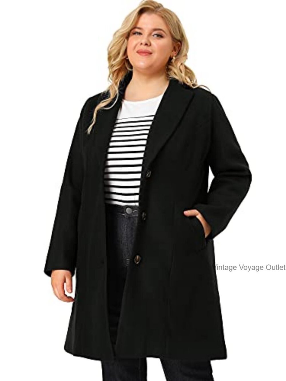 Plus Size Long Winter Pea Coat with Notched Lapel and Deep Pockets